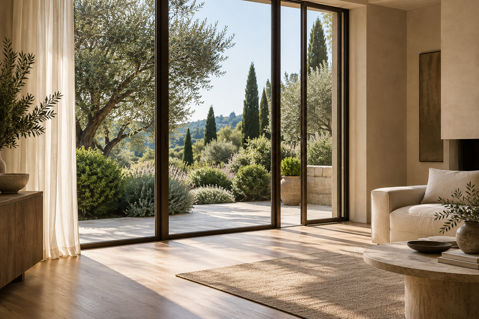 Ispirazione di infissi moderni con profili sottili scuri, tende chiare e vista sul verde