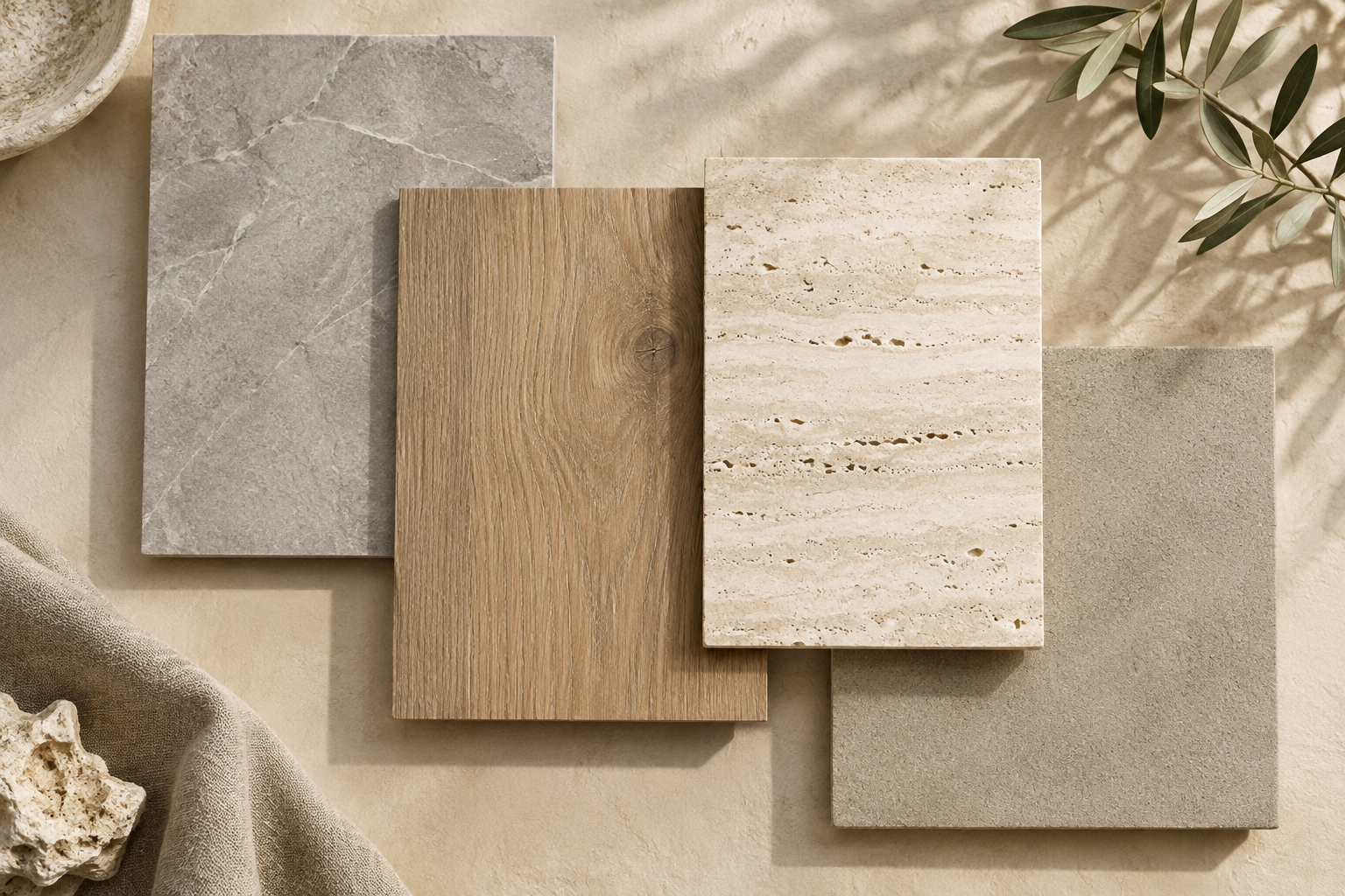 Accostamento di campioni effetto pietra, rovere, travertino e cemento sabbia