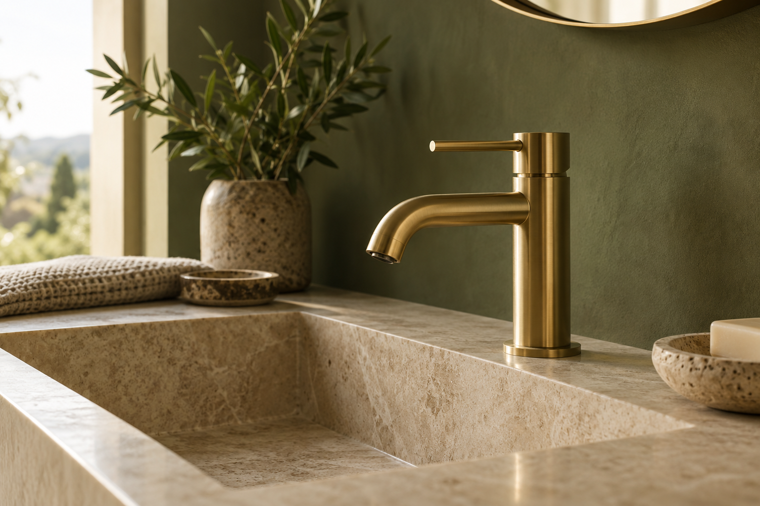 Rubinetto moderno in ottone spazzolato con lavabo in pietra beige e parete verde